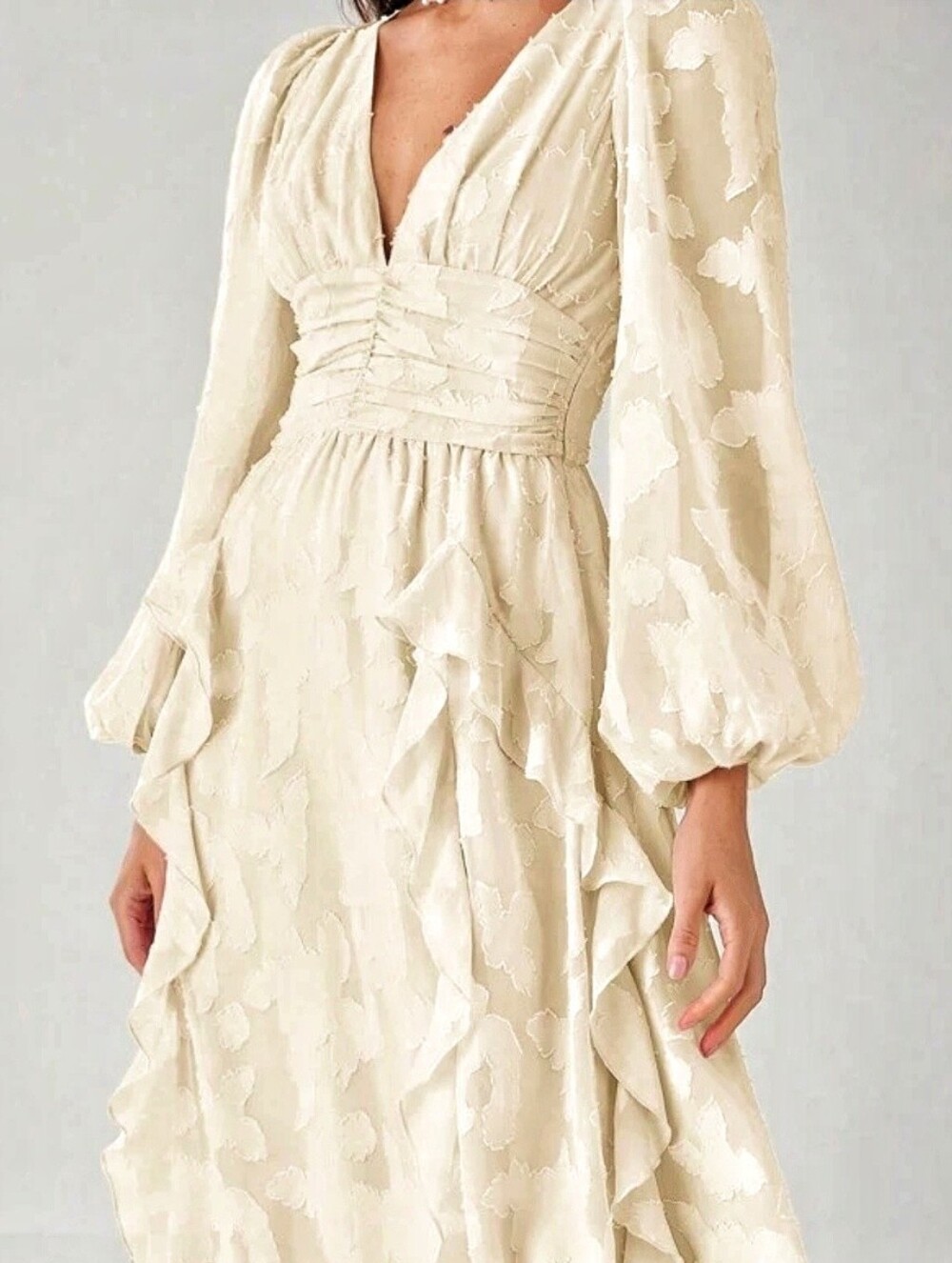 New Flowy Jacquard Ruffle Lantern Sleeve Ruched Waist Maxi Dress Ivory Cream - Picture 7 of 11